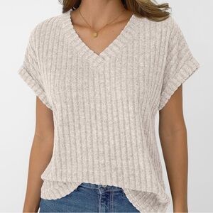 Women's Short Sleeve Ribbed Knit Top - Cream